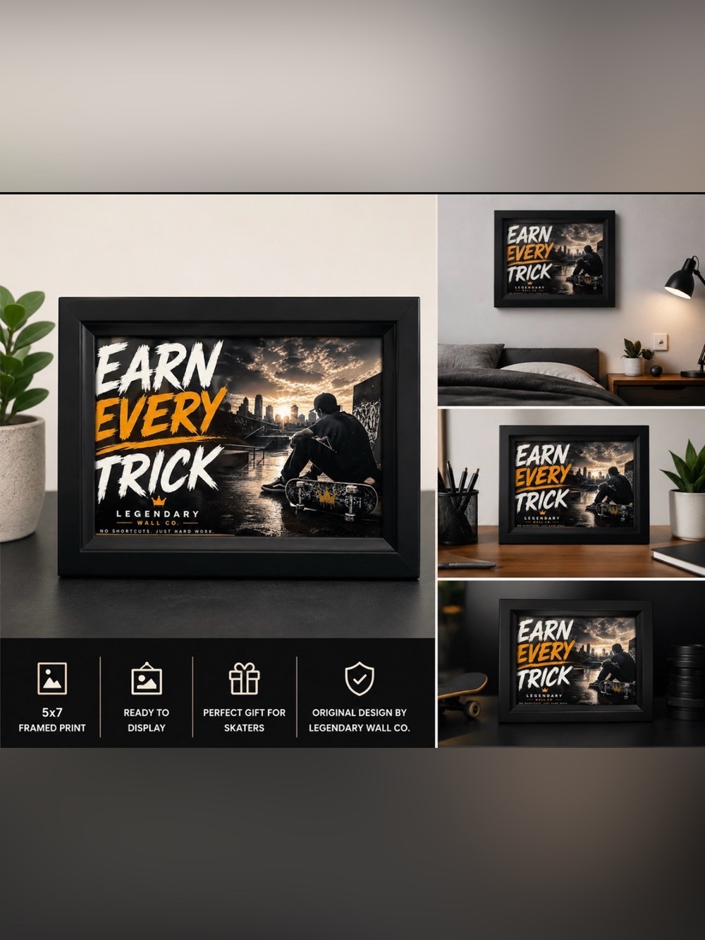 Skateboarding Wall Decor- Earn Every Trick Framed Art Print by Legendary Wall Co